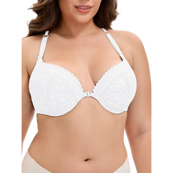 FAB CURVES Women's Lace Front Closure Push Up Underwire Backless Bras, Available in Plus Size C 40 White