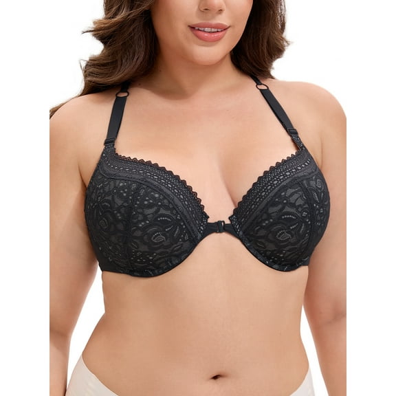 FAB CURVES Women's Lace Front Closure Push Up Underwire Backless Bras, Available in Plus Size D 46 Black