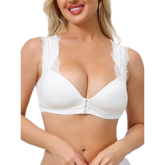 INSPIRE CHIC Women's Lace Front Closure Push Up Wirefree Bras with Nonadjustable Straps Small White