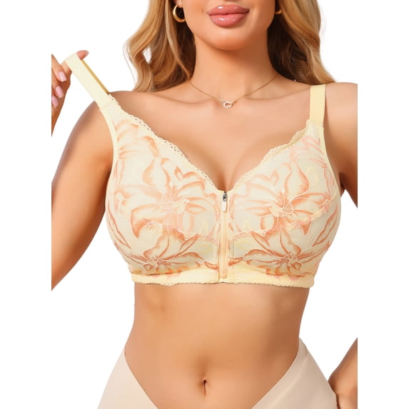 INSPIRE CHIC Women's Lace Front Zipper Closure Wireless Bra Push Up Full Coverage Lightly Padded Lingerie S Beige