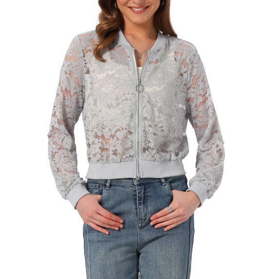 INSPIRE CHIC Women's Lace Jackets Stand Collar Zip Up Mesh Sheer Bomber Jacket XL Light Gray