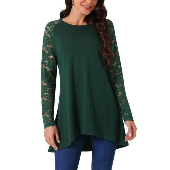 INSPIRE CHIC Women's Lace Long Sleeve Crewneck High Low Asymmetrical Hem Blouse M Dark Green