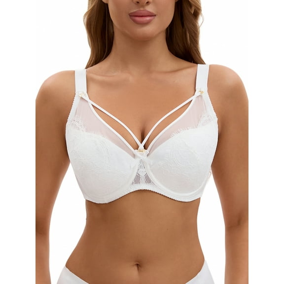 INSPIRE CHIC Women's Lace Mesh Full Coverage Underwire Soft Cup Light and Breathable Push Up Bras C 36 White
