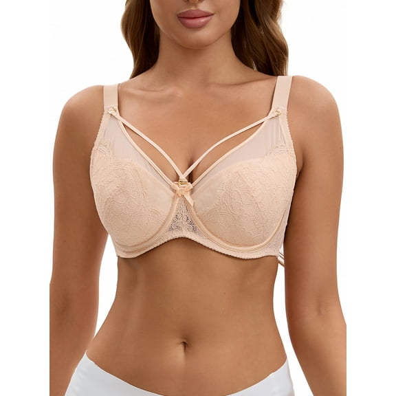 INSPIRE CHIC Women's Lace Mesh Full Coverage Underwire Soft Cup Light and Breathable Push Up Bras C 38 Beige