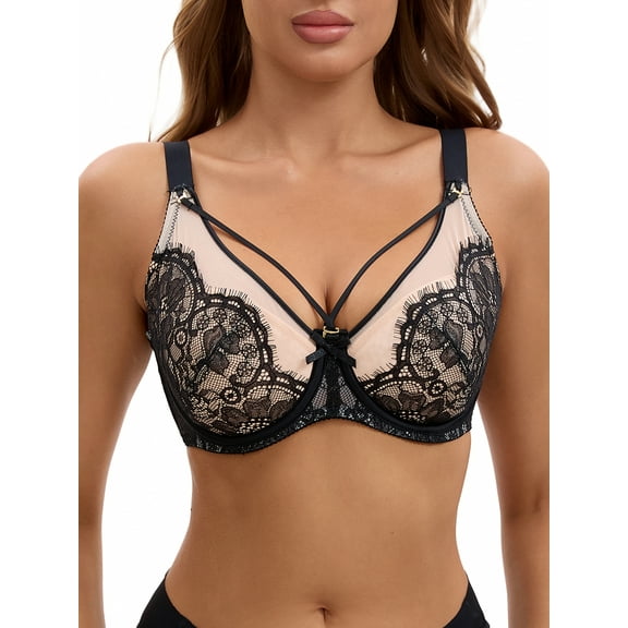 INSPIRE CHIC Women's Lace Mesh Full Coverage Underwire Soft Cup Light and Breathable Push Up Bras C 38 Black