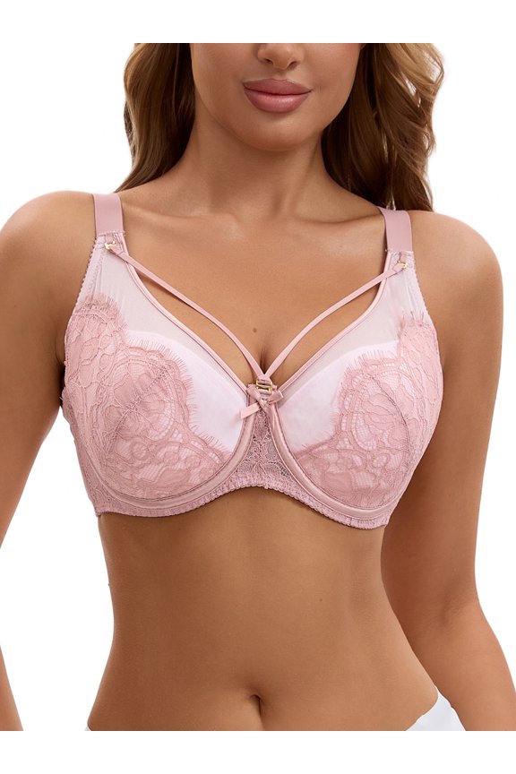 Women's Lace Mesh Full Coverage Underwire Soft Cup Light and Breathable Push Up Bras C 38 Pink