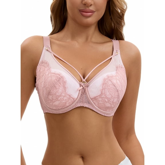 INSPIRE CHIC Women's Lace Mesh Full Coverage Underwire Soft Cup Light and Breathable Push Up Bras D 40 Pink