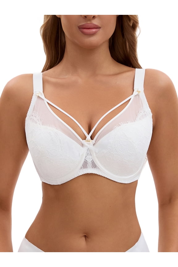 Women's Lace Mesh Full Coverage Underwire Soft Cup Light and Breathable Push Up Bras E 46 White