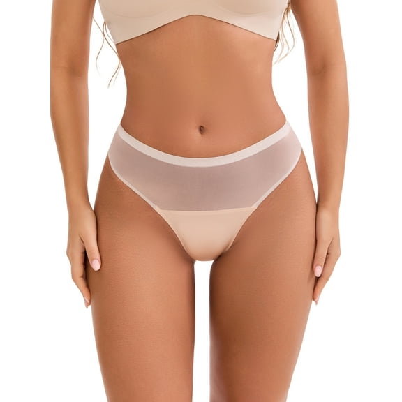 INSPIRE CHIC Women's Lace Mesh See Through Mid Rise Briefs Breathable Lightweight Seamless Underwear L Beige