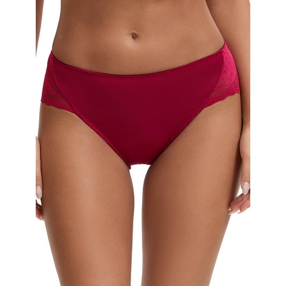 INSPIRE CHIC Women's Lace Mid-Waisted Full Coverage Briefs HI-Cut Leak Proof Ladies Underpants L Wine Red