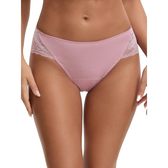 INSPIRE CHIC Women's Lace Mid-Waisted Full Coverage Briefs HI-Cut Leak Proof Ladies Underpants M Pink