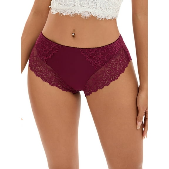 INSPIRE CHIC Women's Lace Mid-Waisted Underwear Comfortable Briefs, Available in Plus Size 3XL Wine Red