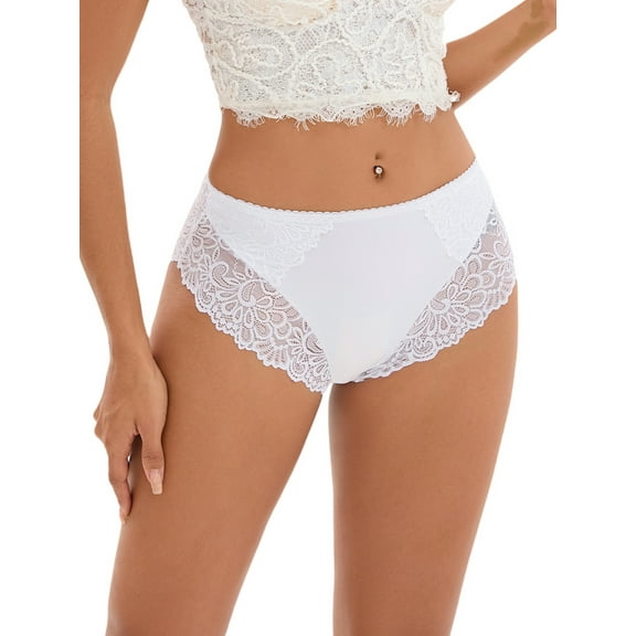 INSPIRE CHIC Women's Lace Mid-Waisted Underwear Comfortable Briefs, Available in Plus Size L White