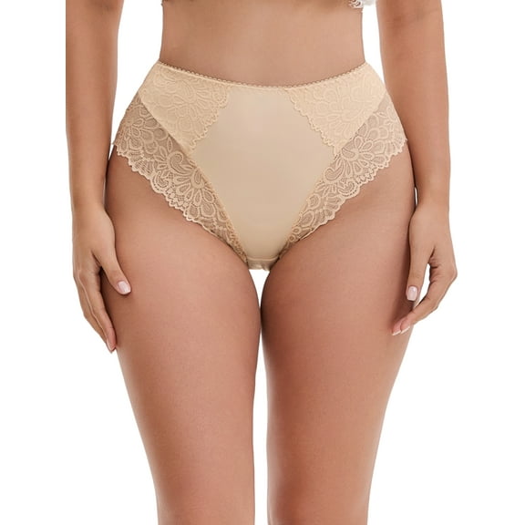 INSPIRE CHIC Women's Lace Mid-Waisted Underwear Comfortable Briefs, Available in Plus Size XL Beige