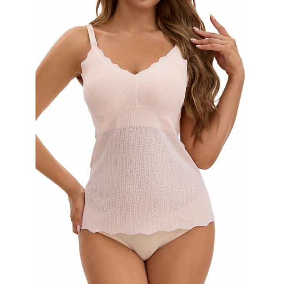 INSPIRE CHIC Women's Lace Nursing Tanks with Adjustable Straps Breastfeeding V Neck Built-In Bra Cami M Light Pink
