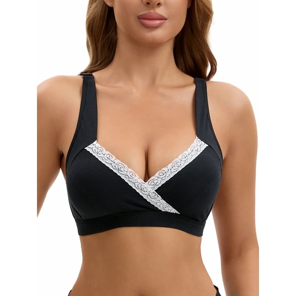 INSPIRE CHIC Women's Lace Polka Dots Crossover Wirefree Sleep Breastfeeding Soft Cup Maternity Nursing Bras M Black