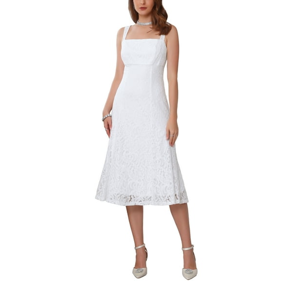 INSPIRE CHIC Women's Lace Prom Dress Straps Square Neck Sleeveless Formal Evening Cocktail Midi Dresses M White