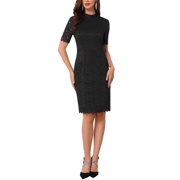 INSPIRE CHIC Women's Lace Sheath Dress Formal Mock Neck Short Sleeves Wedding Evening Dresses S Black
