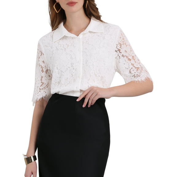 INSPIRE CHIC Women's Lace Shirt Work Mesh Sheer Floral Business Casual Top S White