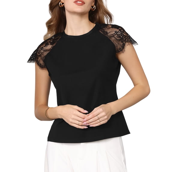 INSPIRE CHIC Women's Lace Short Sleeve Tops 2026 Casual Summer Blouse Tee Shirt S Black