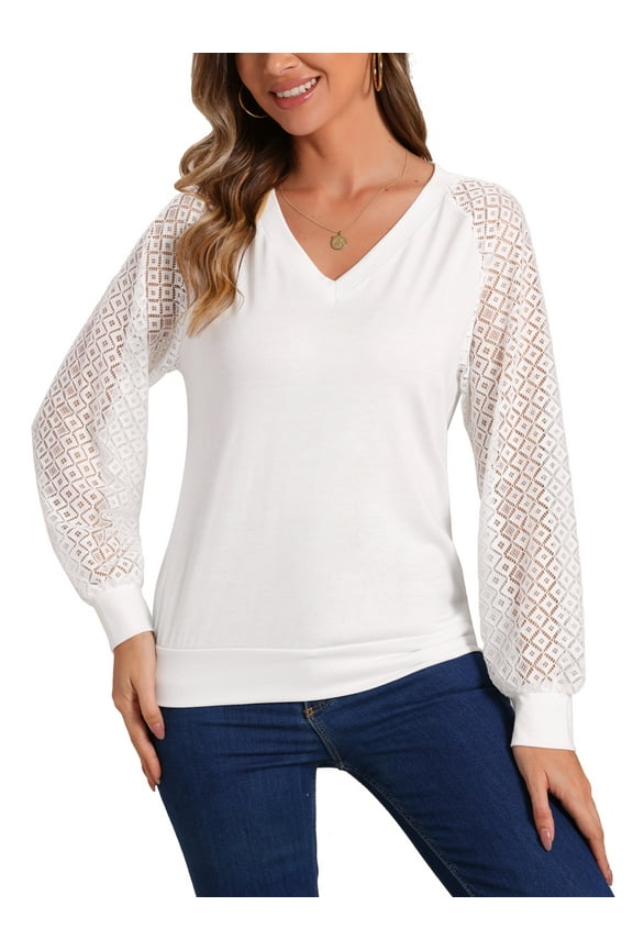 Women's Lace Sleeve Blouse Casual Work Office V Neck Top Shirt XS White