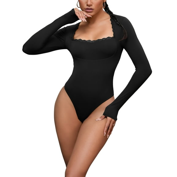 INSPIRE CHIC Women's Lace Square Neck Shapewear Bodysuit Long Sleeve Tummy Control Leotard Jumpsuit L Black