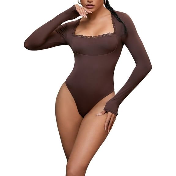 INSPIRE CHIC Women's Lace Square Neck Shapewear Bodysuit Long Sleeve Tummy Control Leotard Jumpsuit L Brown