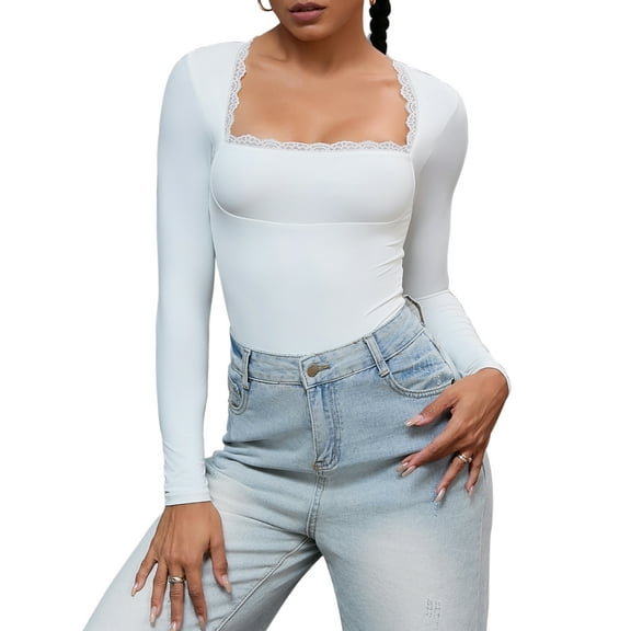 INSPIRE CHIC Women's Lace Square Neck Shapewear Bodysuit Long Sleeve Tummy Control Leotard Jumpsuit L White