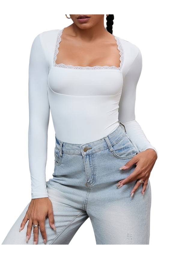 Women's Lace Square Neck Shapewear Bodysuit Long Sleeve Tummy Control Leotard Jumpsuit L White