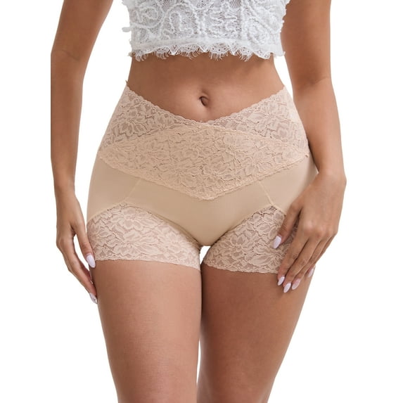 INSPIRE CHIC Mother's Day Women's Panties High Rise Lace Trim Shaper Shorts Tummy Control Hip Lifter L Apricot