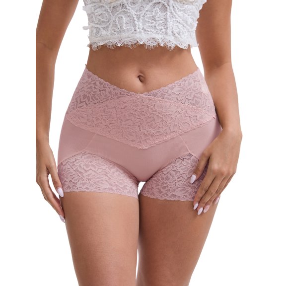 INSPIRE CHIC Women's Lace Trim High Rise Shaper Shorts Seamless Lightweight Flatten Tummy Hip-Lifter Control Panties L Pink