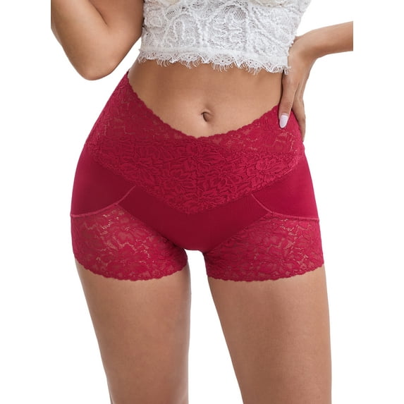 INSPIRE CHIC Mother's Day Women's Panties High Rise Lace Trim Shaper Shorts Tummy Control Hip Lifter S Burgundy