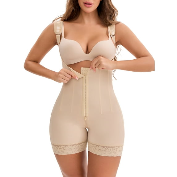 INSPIRE CHIC Women's Lace Trim Open Bust Adjustable Straps Jumpsuits with Front Hooks Tummy Control Butt Lifter Bodysuits S Beige