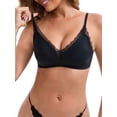 thumbnail image 1 of INSPIRE CHIC Women's Lace Trim Plunge Wireless Push Up Everyday Bras Spaghetti Straps Lightweight No Show Triangle Bra L Black, 1 of 4