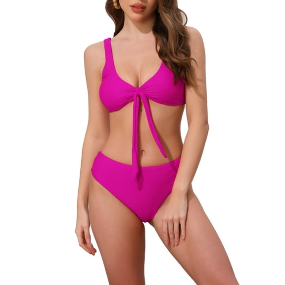 INSPIRE CHIC Women's Lace Up Decoration Push Up Bikini Sets, 2 Piece Wide Strap Top Triangle Bottom Swimwear Bathing Suits Small Rose Red