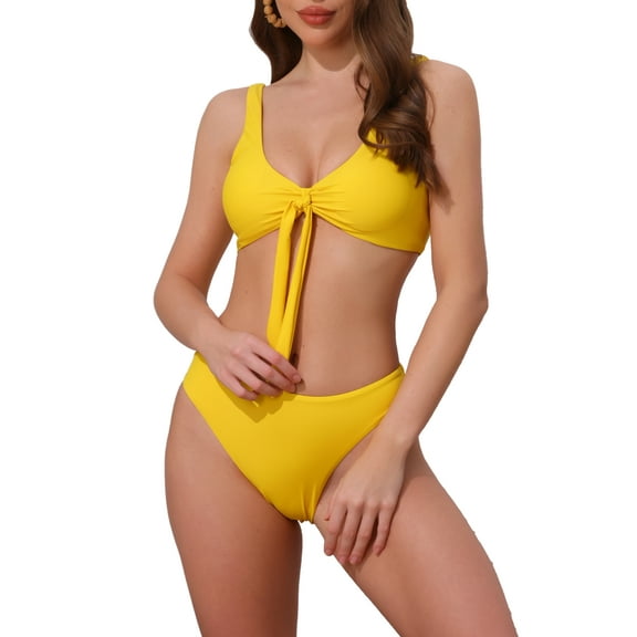 INSPIRE CHIC Women's Lace Up Decoration Push Up Bikini Sets, 2 Piece Wide Strap Top Triangle Bottom Swimwear Bathing Suits Small Yellow