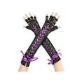 thumbnail image 1 of INSPIRE CHIC Women's Lace Up Half Finger Gloves Lace Elbow Length Arm Warmers Black and Purple Ribbon One Size, 1 of 6