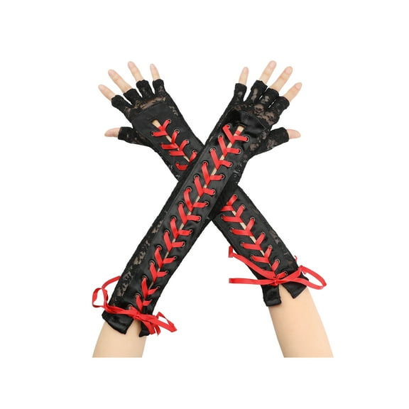 INSPIRE CHIC Women's Lace Up Half Finger Gloves Lace Elbow Length Arm Warmers Black and Red Ribbon One Size