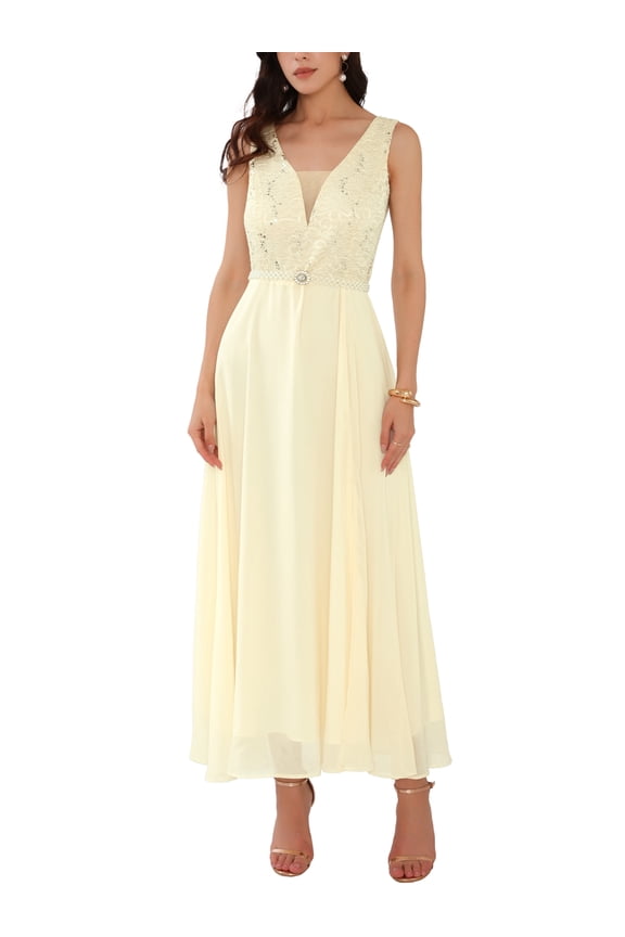 Women's Lace V Neck Sleeveless Cocktail Wedding Guest Gown Dresses L Golden