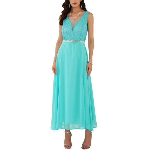 INSPIRE CHIC Women's Lace V Neck Sleeveless Cocktail Wedding Guest Gown Dresses M Light Green