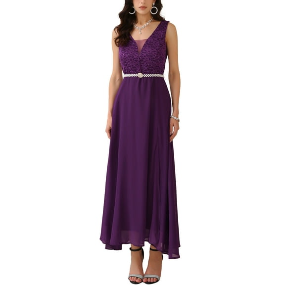 INSPIRE CHIC Women's Lace V Neck Sleeveless Cocktail Wedding Guest Gown Dresses XL Purple