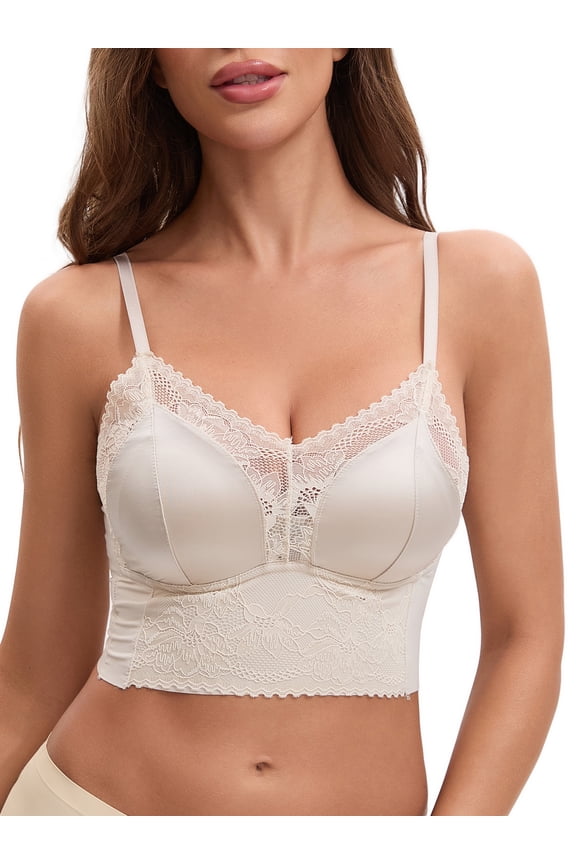 Women's Lace Wave Trim Cami V-Neck Vest Adjustable Spaghetti Strap Bulit in Bra Cropped Camisole L Khaki