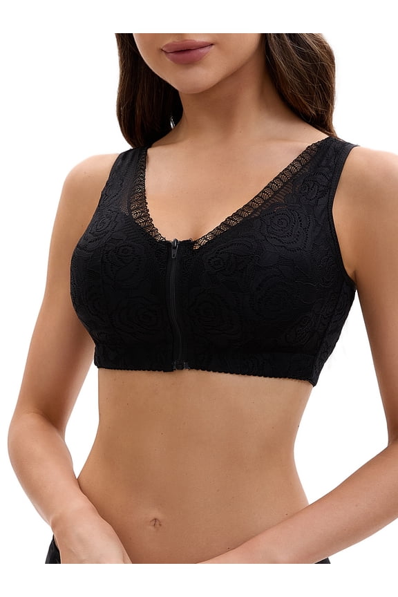 Women's Lace Zip Front Closure Full Coverage Wirefree Wide Straps V Back Padded Bras C 36 Black