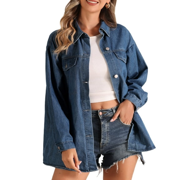 INSPIRE CHIC Women's Lapel Button Down Long Sleeve Casual Denim Jacket M Blue