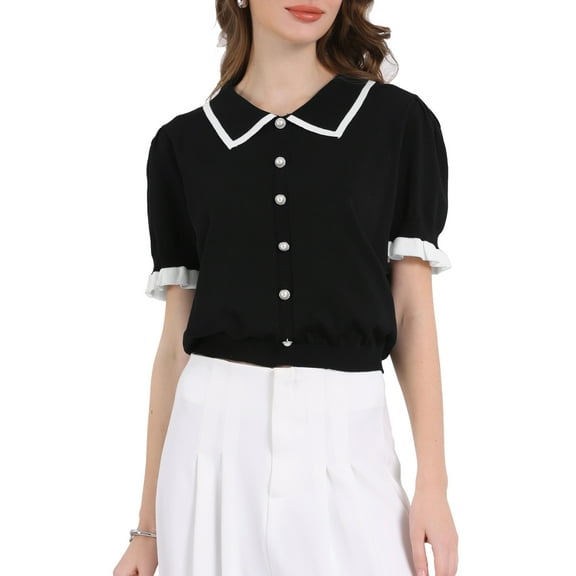 INSPIRE CHIC Women's Lapel Collar Puff Ruffled Sleeve Knit Vintage Blouse XL Black