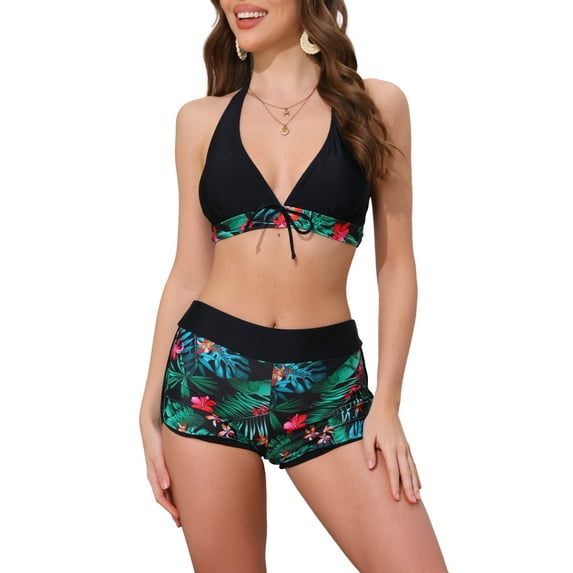 INSPIRE CHIC Women's Leaf Print Color Block Bikini Sets, 2 Piece Halter Top Boyshorts Bottom Swimwear Bathing Suits X-Small Black