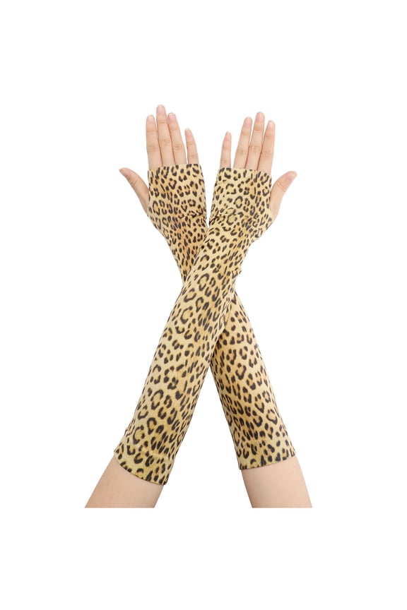Women's Leopard Arm Warmers Ribbed Cuff Fingerless Arm Sleeves with Thumb Hole Long Gloves Brown One Size
