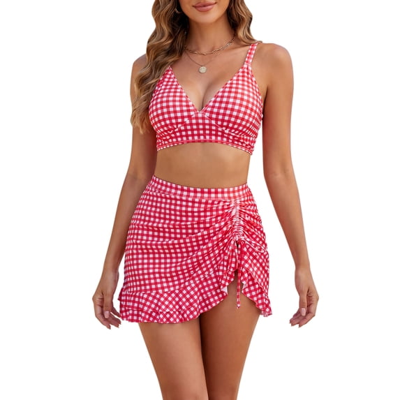 INSPIRE CHIC Women's Leopard Plaid Polka Dots Bikini Set, 2 Piece Strappy Tops Ruffled Skirt Swimwear Bathing Suits Medium Red Gingham