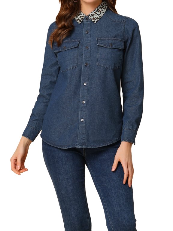 Women's Leopard Print Collar Button Up Long Sleeve Denim Shirt with Pockets XL Blue