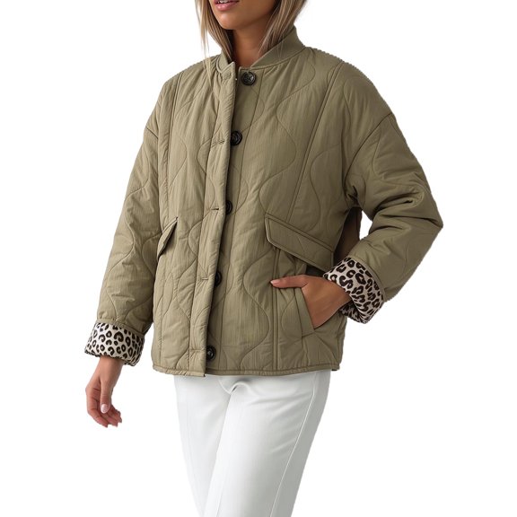 INSPIRE CHIC Women's Leopard Print Lined Puffer Jacket with Ribbed Crew Neck and Pockets Large Green